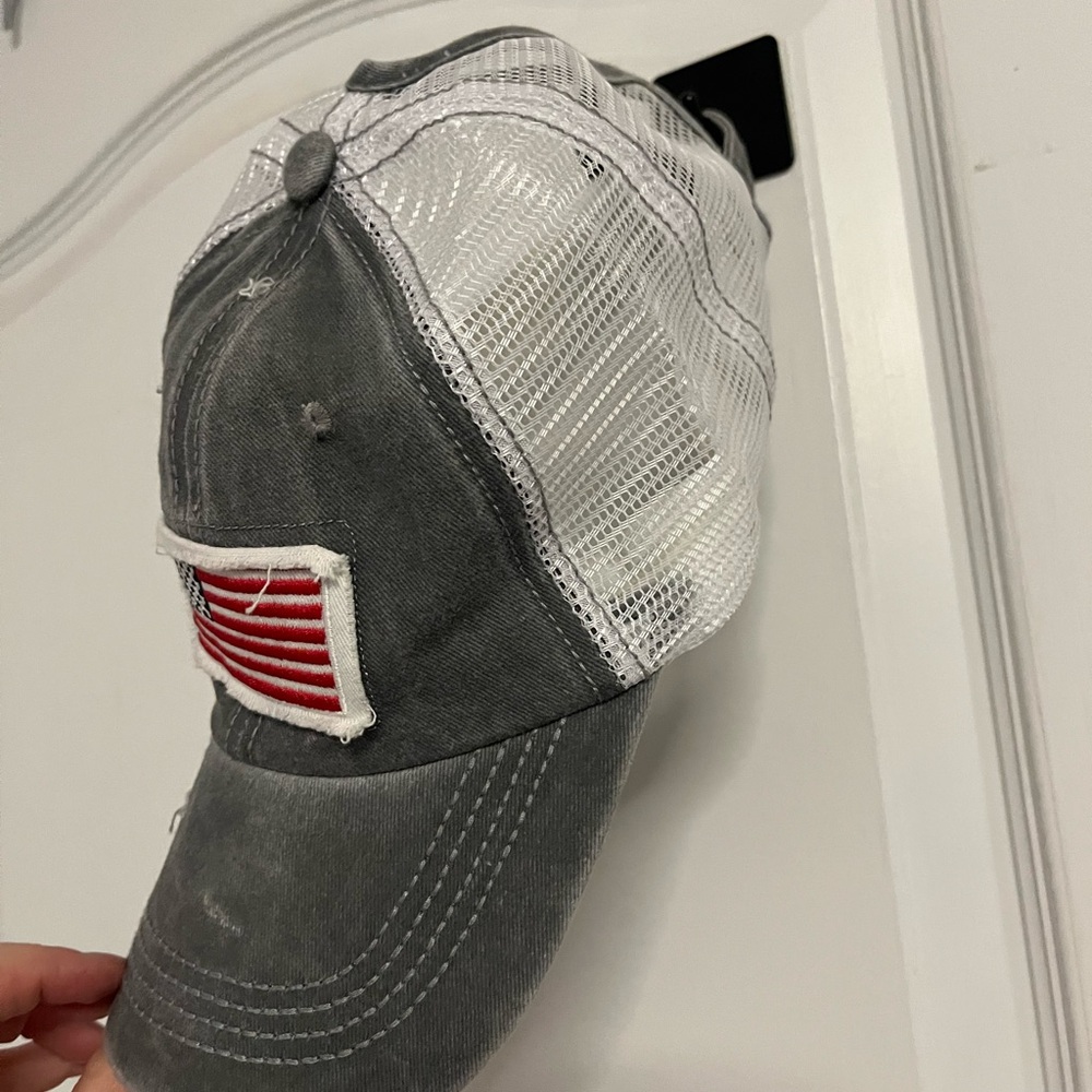 New without tags Ballcap Gray Distressed American Flag Patch with bun hole - Picture 3 of 12